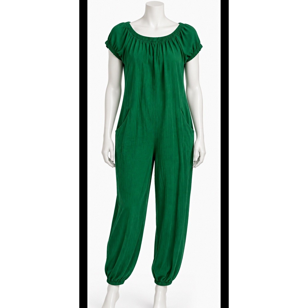FREE PEOPLE Women's Green Linen Jumpsuit Short Sleeve Pockets Medium M